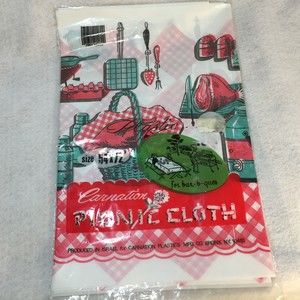 Retro Tablecloth Plastic Picnic 54x72 Red Aqua Carnation Unused NOS MCM